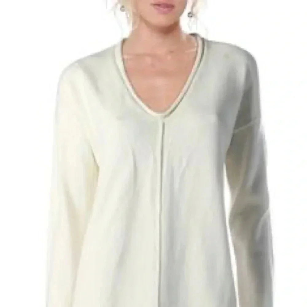 BCBGMAXAZRIA Cozy Roll Trim Cotton V-Neck Ivory Pullover Sweater Size XS